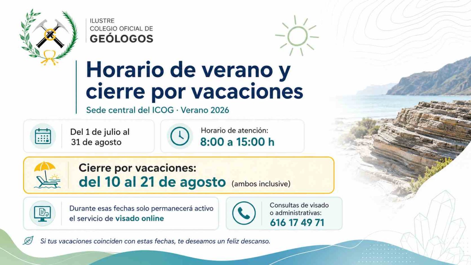 Horario de verano y cierre por vacaciones en la sede central del ICOG